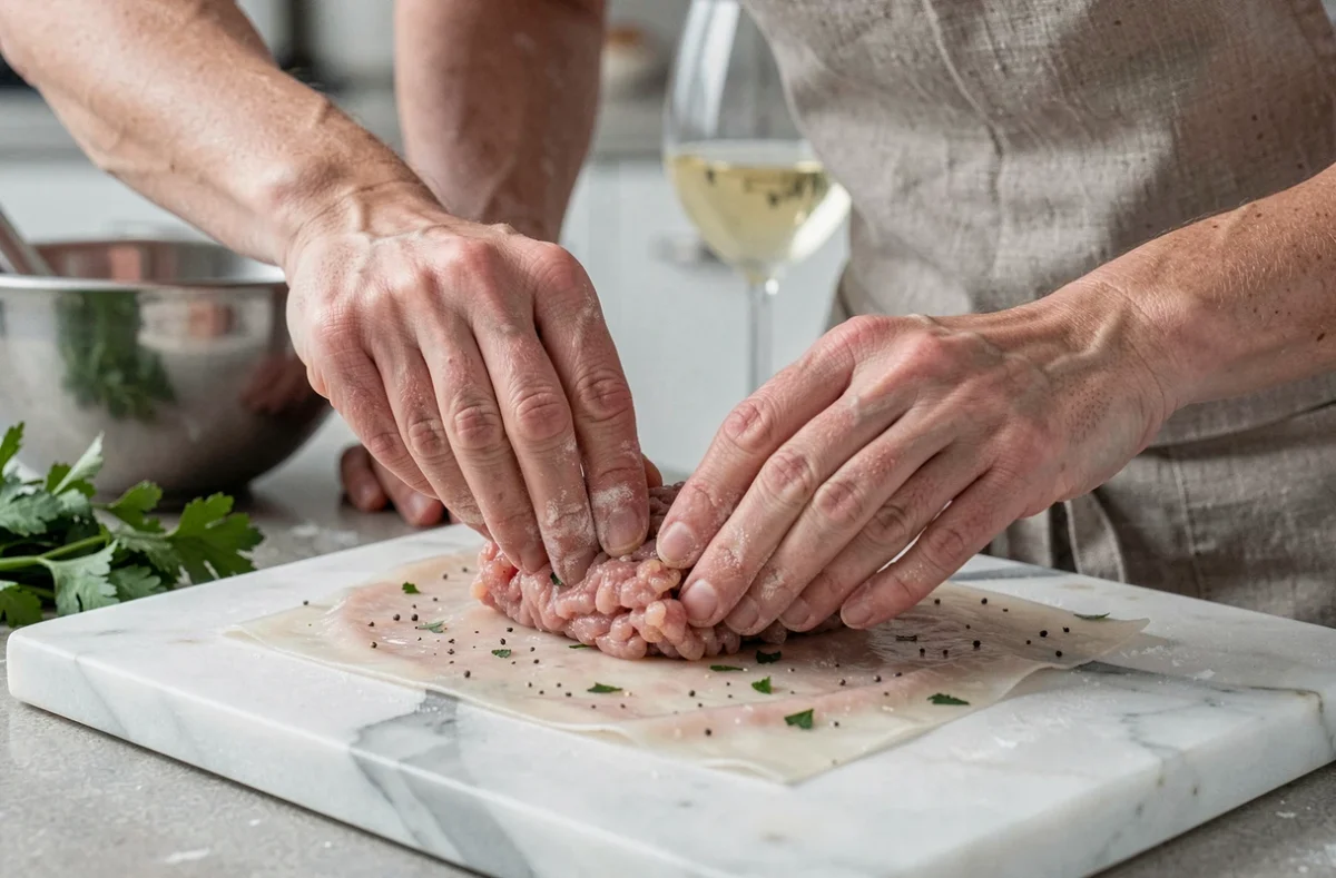Préparation artisanale de crépinettes maison avec crépine et farce aux herbes sur plan de travail en marbre