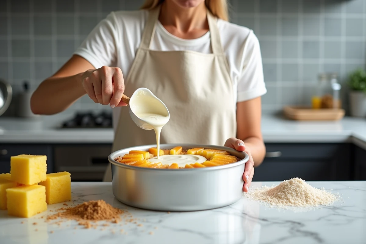 Femme versant la pâte à gâteau à la noix de coco sur des ananas caramélisés dans un moule rond dans une cuisine moderne avec des ingrédients disposés sur un plan de travail en marbre blanc