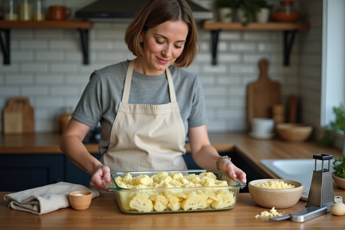 Femme préparant un gratin de chou-fleur et pommes de terre en disposant les couches dans un plat avec béchamel et fromage râpé