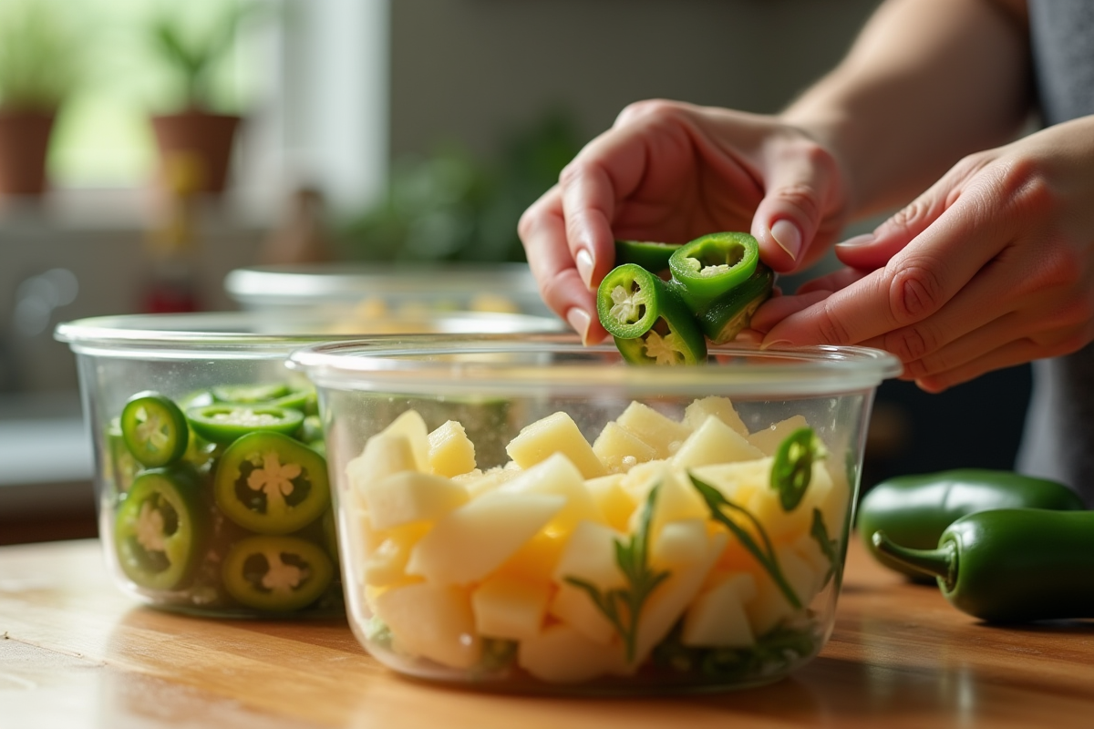Mains plaçant des jalapeños et jicama dans des contenants