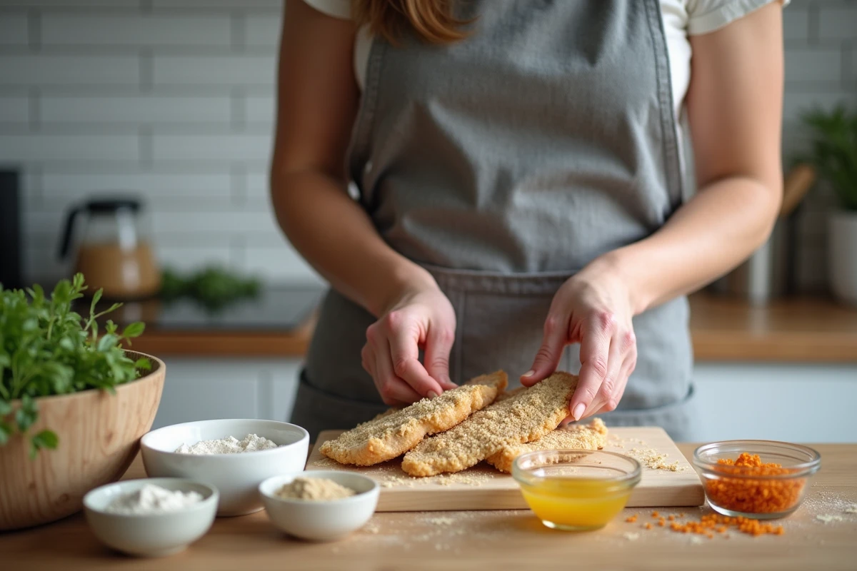 Femme en tablier préparant une panure de poulet maison en pressant la chapelure sur des filets crus dans une cuisine moderne