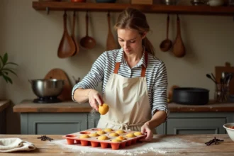 Femme versant la pâte à canelés bordelais dans un moule en silicone dans une cuisine française traditionnelle