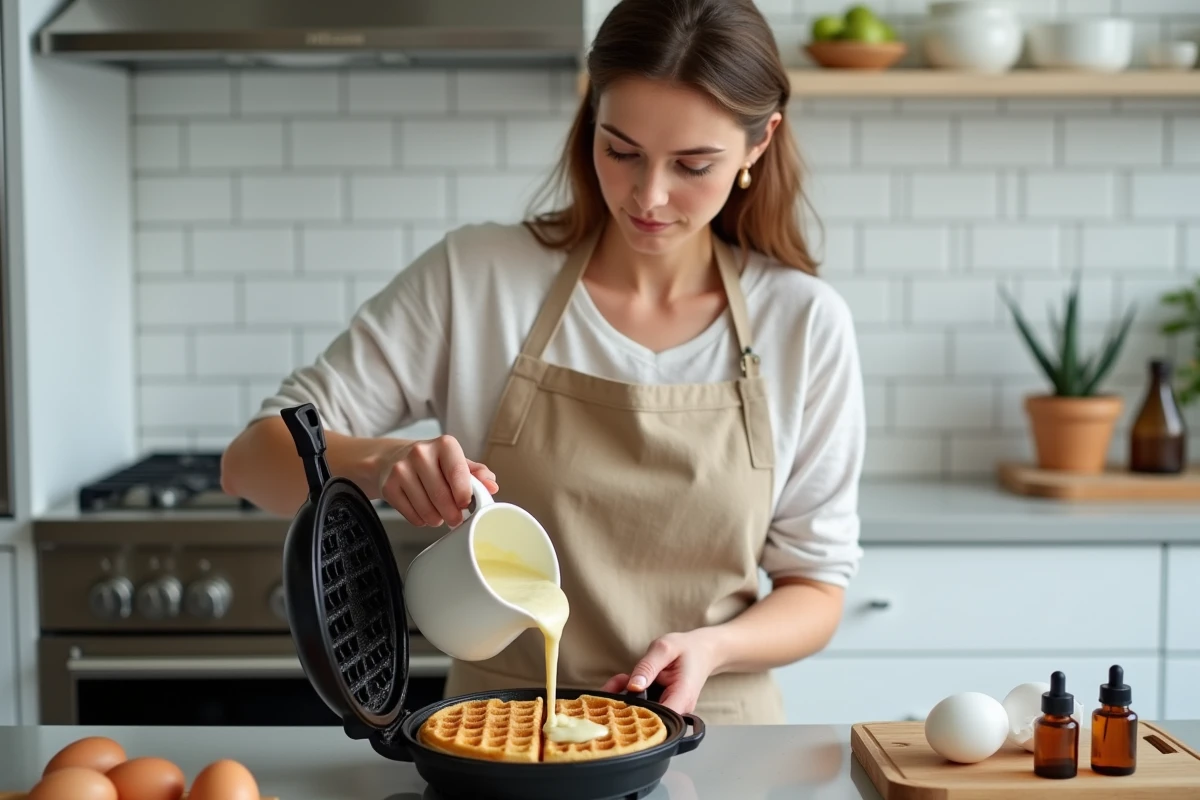 Femme versant de la pâte à gaufres dans un gaufrier en fonte dans une cuisine moderne