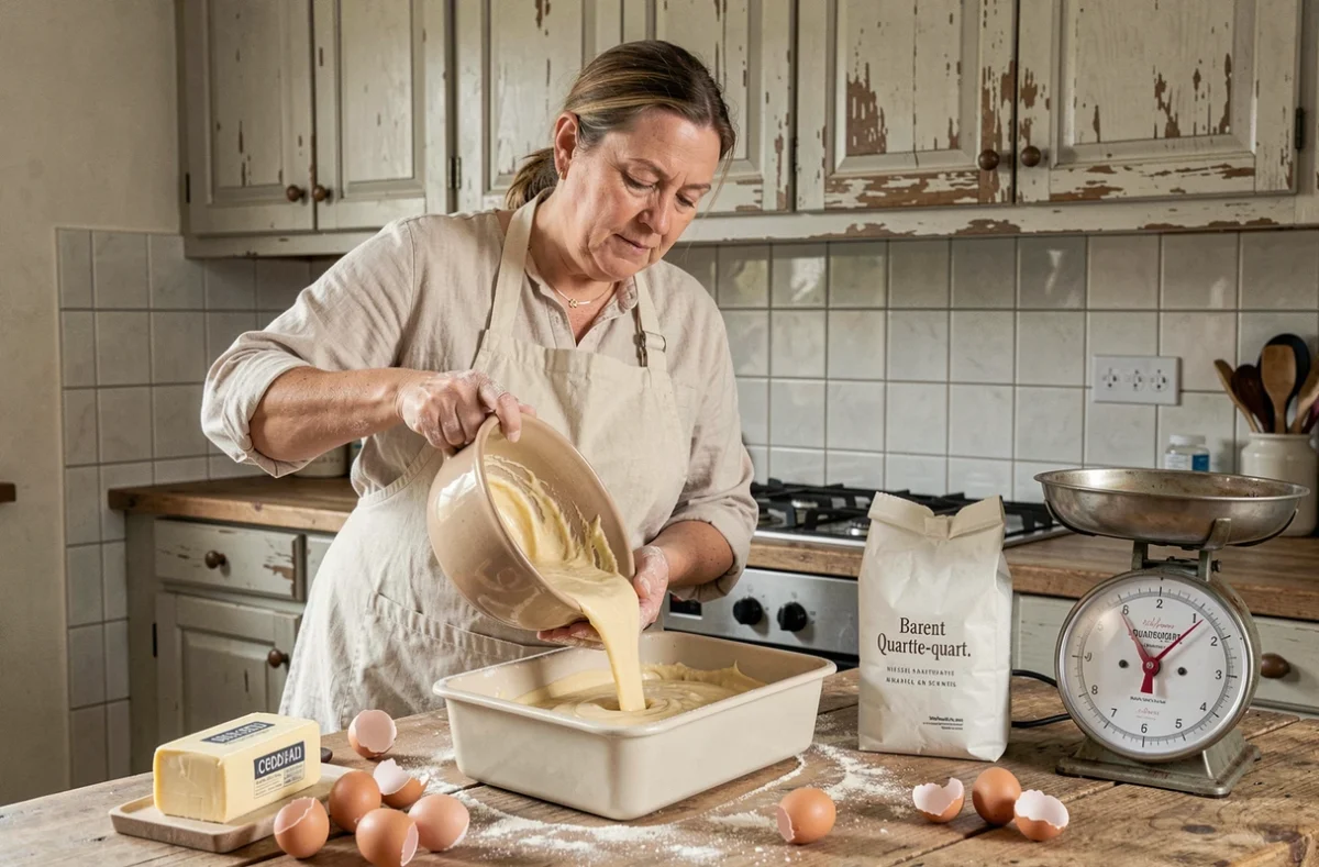 Femme versant la pâte de quatre-quart breton dans un moule à cake dans une cuisine rustique