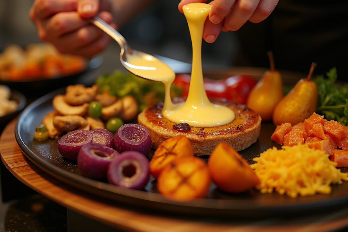 Préparation d une assiette raclette avec légumes colorés