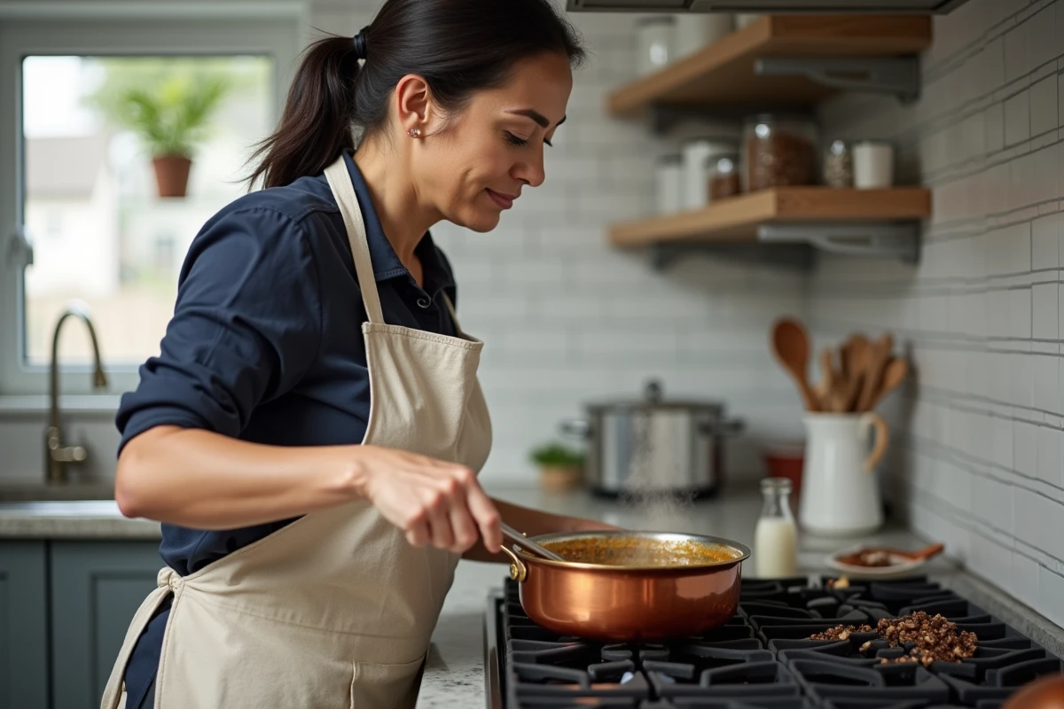 Femme qui prépare une sauce de cèpes dans une casserole en cuivre sur une cuisinière à gaz dans une cuisine moderne