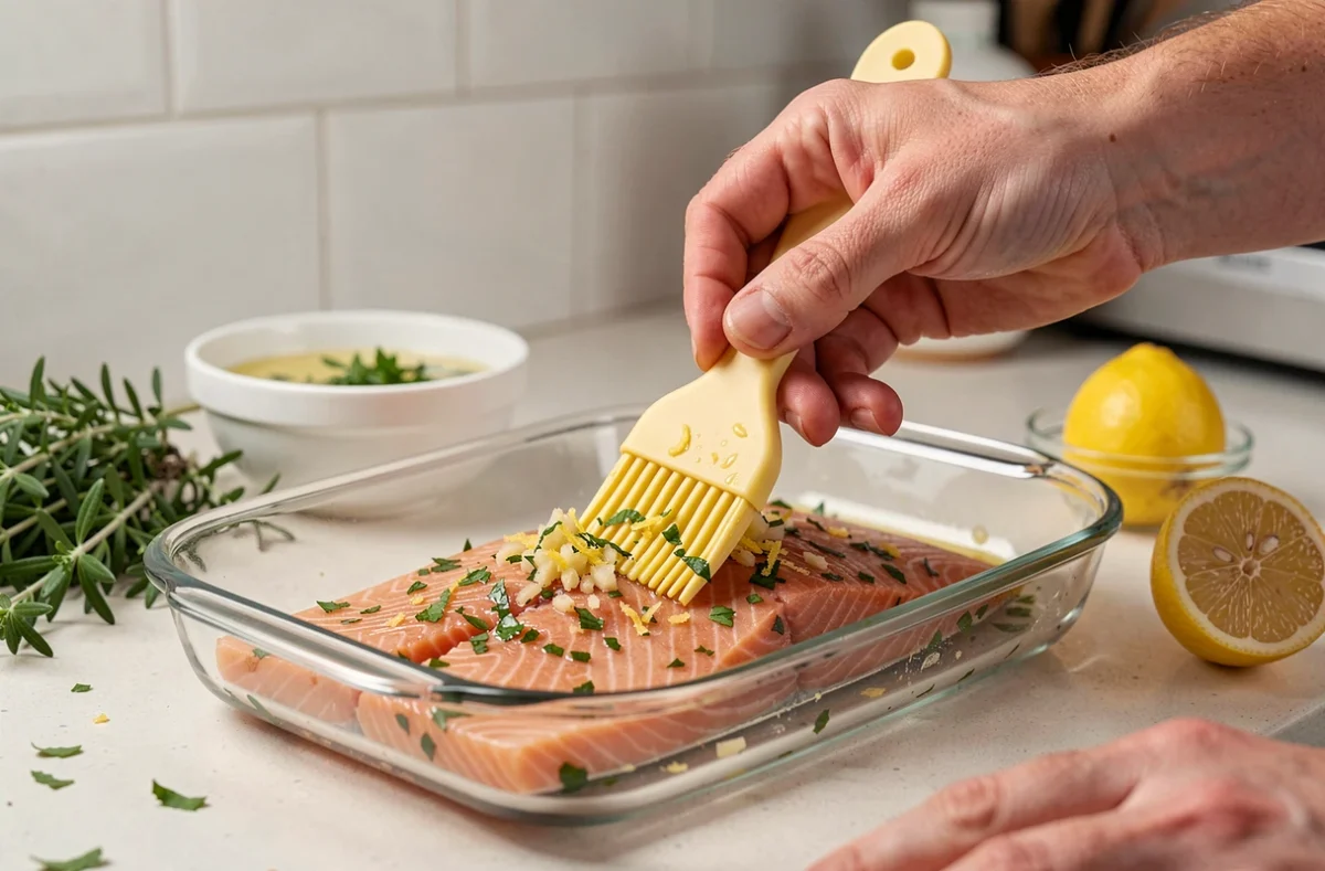 Badigeonnage d'un filet de saumon cru avec une marinade citron et herbes avant cuisson au four