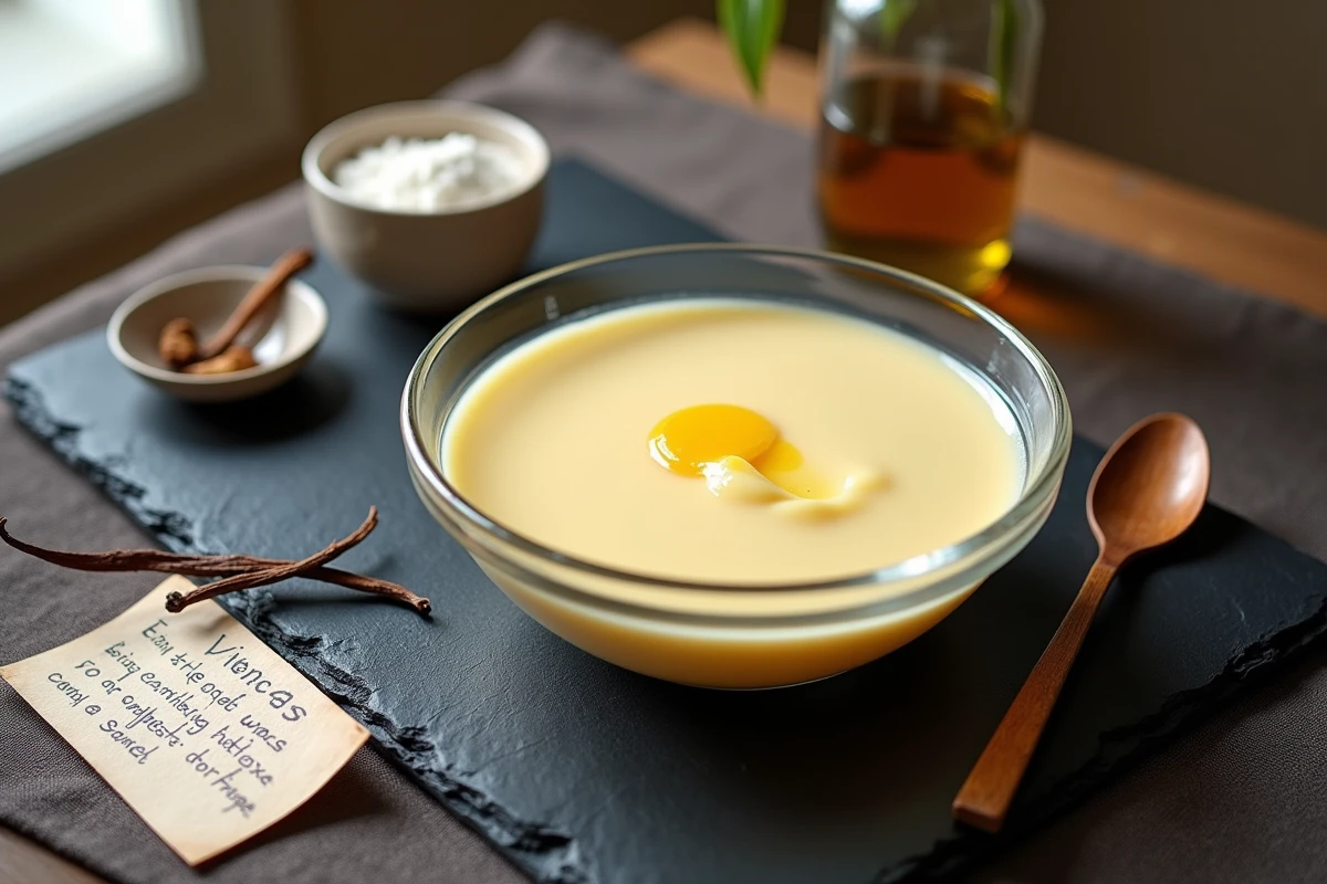 Présentation soignée d'une crème pâtissière dorée dans un bol en verre avec une gousse de vanille et une fiche recette manuscrite sur fond de lin sombre