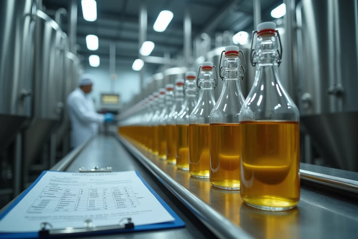 Chaîne de production de vinaigre halal dans une usine moderne avec bouteilles et équipements de fermentation