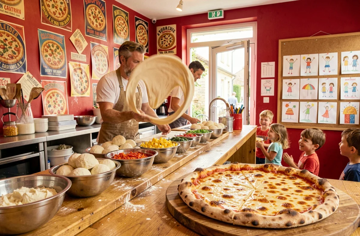 Pizzaiolo en action au P'tit Loup Pizza à Marvejols faisant tournoyer la pâte avec pizzas dorées en avant-plan