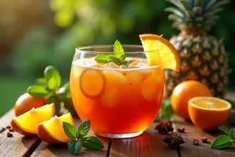 Punch tropical maison servi dans un grand bol en verre avec fruits frais et menthe sur une table en bois en terrasse