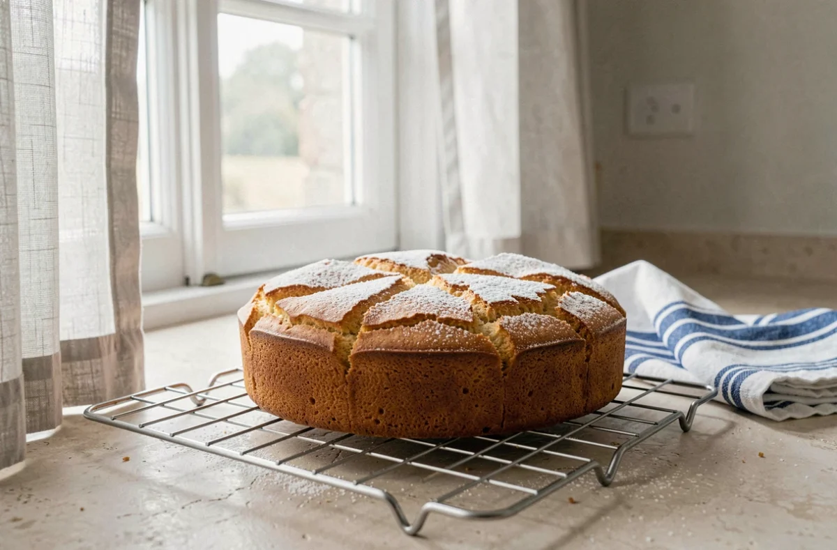 Quatre-quart breton entier refroidissant sur une grille avec du sucre glace dans une maison bretonne