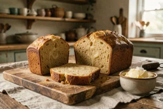 Quatre-quart breton traditionnel tranché sur une planche en bois rustique avec du beurre salé