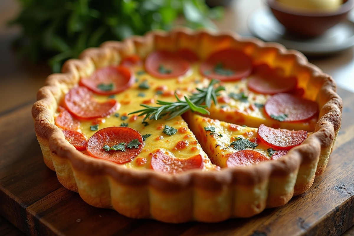 Quiche au chorizo dorée et croustillante tranchée sur table en bois