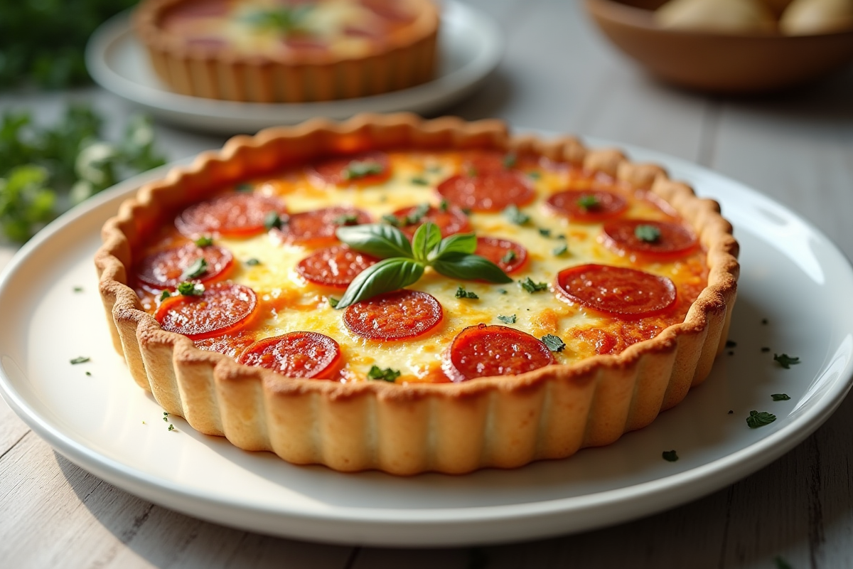 Quiche au chorizo sur assiette blanche dans une cuisine lumineuse