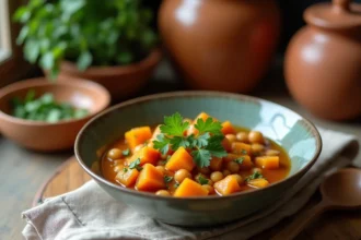 Bol en céramique rustique rempli d'un ragoût de courge bleu de Hongrie et pois chiches, garni de coriandre fraîche sur une table en chêne