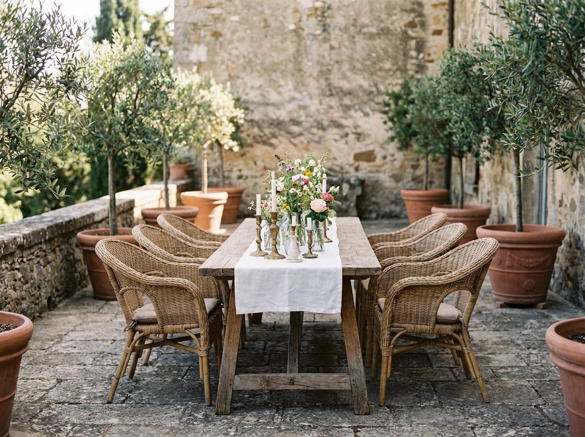 Table dressée en plein air sur une terrasse en pierre entourée d'oliviers en pot pour un repas convivial entre amis