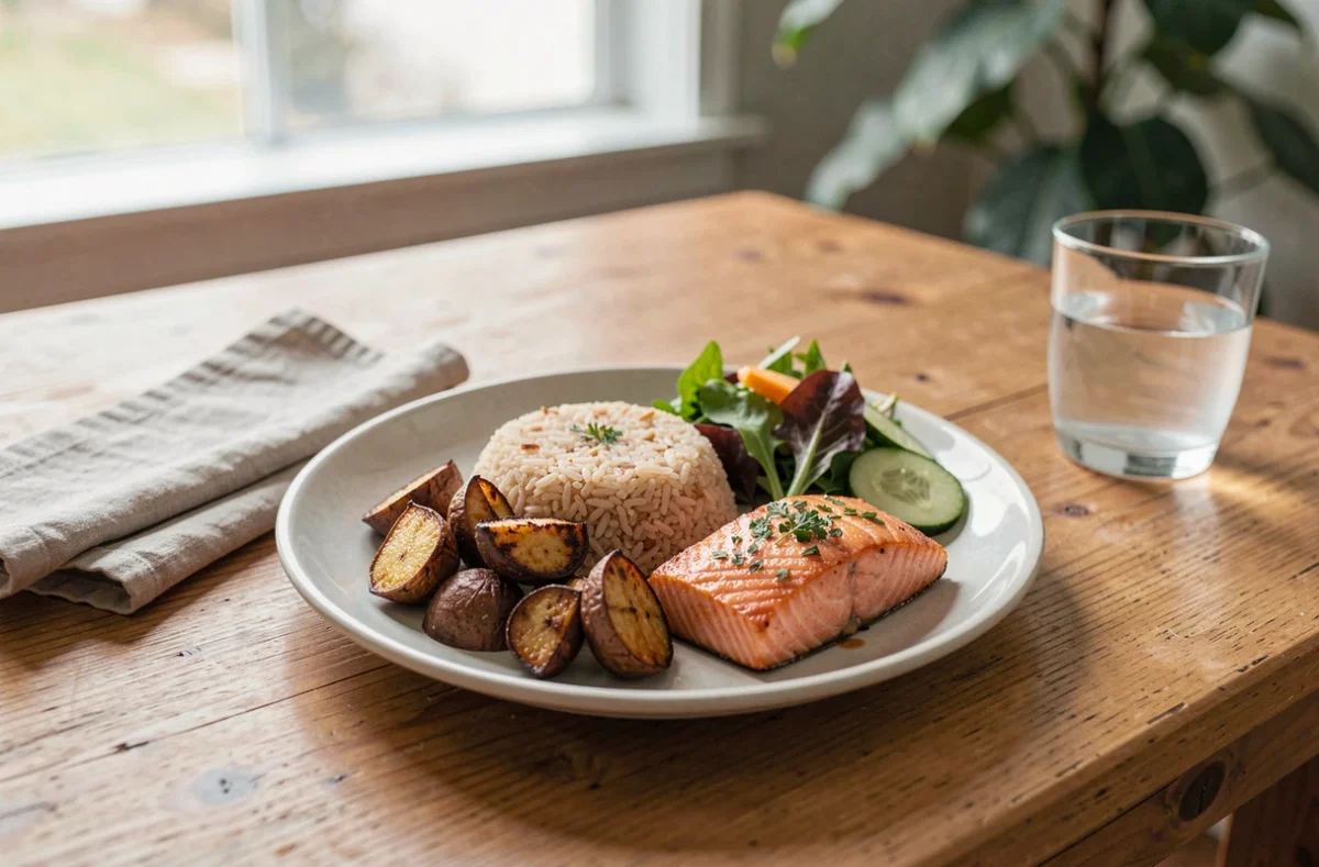Repas de midi équilibré issu du batch cooking servi sur une assiette en céramique avec riz complet, légumes rôtis et saumon