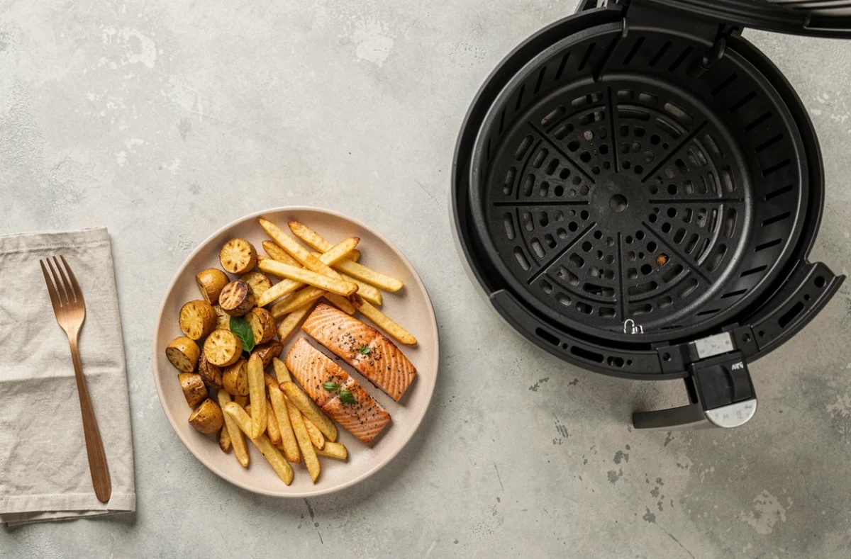 Vue du dessus d'un repas rapide du soir préparé à l'airfryer avec légumes rôtis, frites et saumon croustillant