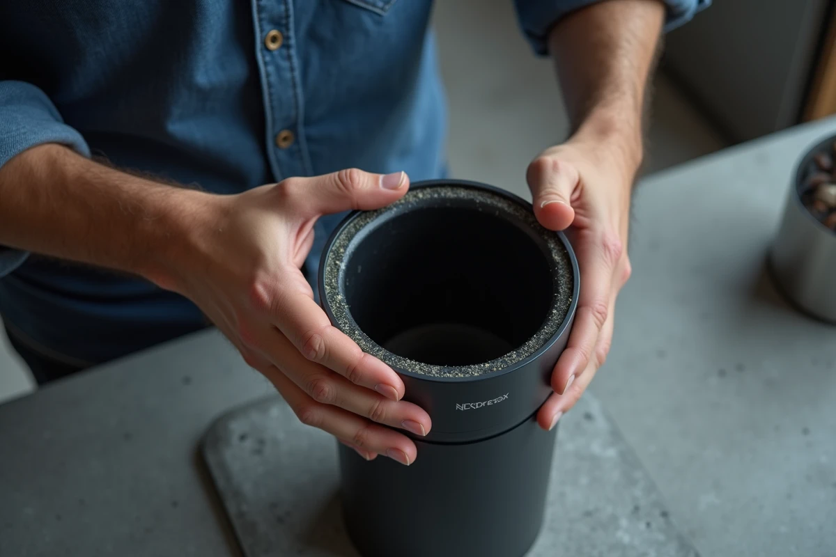 Gros plan sur le réservoir d'eau d'une Nespresso Magimix présentant des dépôts de calcaire avant détartrage