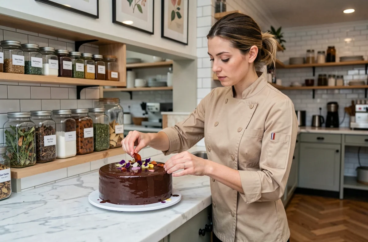 Cheffe pâtissière décorant un fondant au chocolat au restaurant Le Fondant avec cuisine contemporaine en marbre blanc