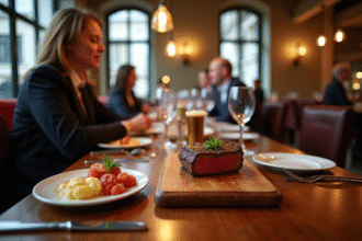 Intérieur d'une steakhouse lyonnaise en journée avec steaks grillés