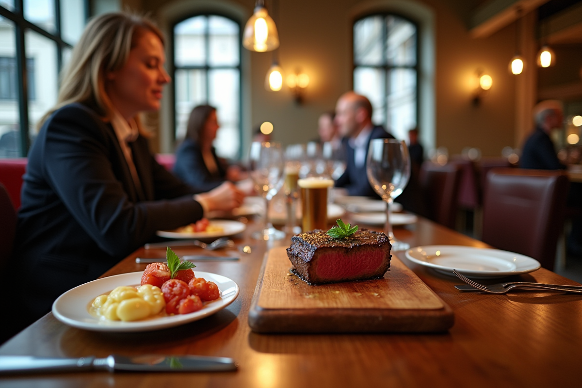 Intérieur d'une steakhouse lyonnaise en journée avec steaks grillés