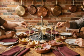 Table de raclette traditionnelle dans un restaurant chaleureux de Toulouse avec fromage fondu, charcuterie et pommes de terre