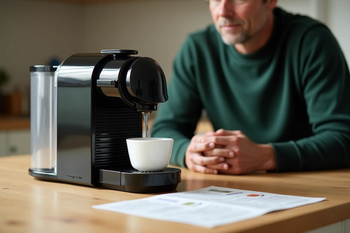Machine Nespresso Magimix en cycle de rinçage après détartrage avec un bol en céramique blanche et une notice imprimée