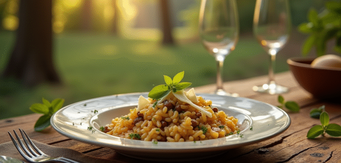 Risotto aux girolles sur une table en plein air