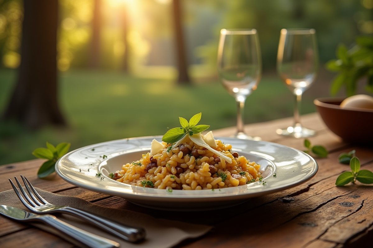 Risotto aux girolles sur une table en plein air
