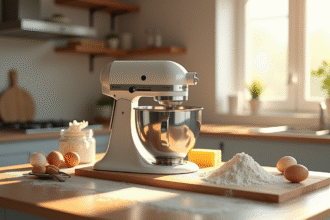 Robot mixeur moderne sur plan de travail avec ingrédients de pâtisserie