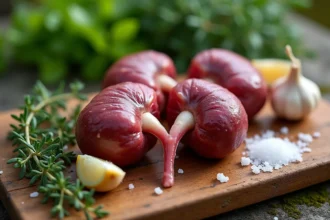 Rognons de veau frais sur planche en bois rustique avec thym, ail et fleur de sel, prêts pour le barbecue