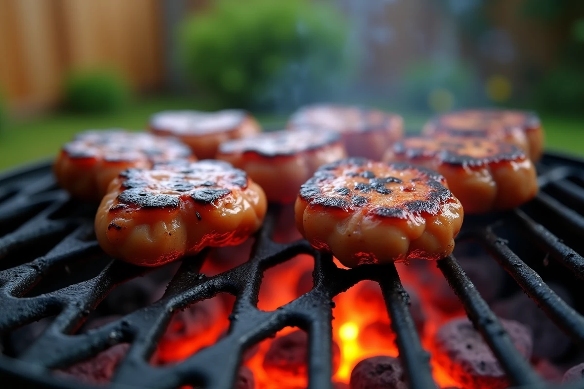 Rognons de veau en train de griller sur un barbecue au charbon avec braises rougeoyantes et marques de grill caramélisées