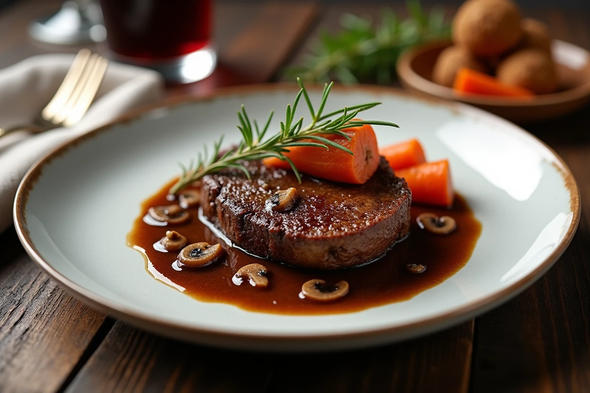 Rôti de bœuf tranché nappé d'une sauce aux cèpes maison servie sur une assiette en porcelaine blanche avec carottes rôties