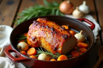 Rôti de porc en cocotte en fonte avec carottes, ail et thym sur une table en bois rustique