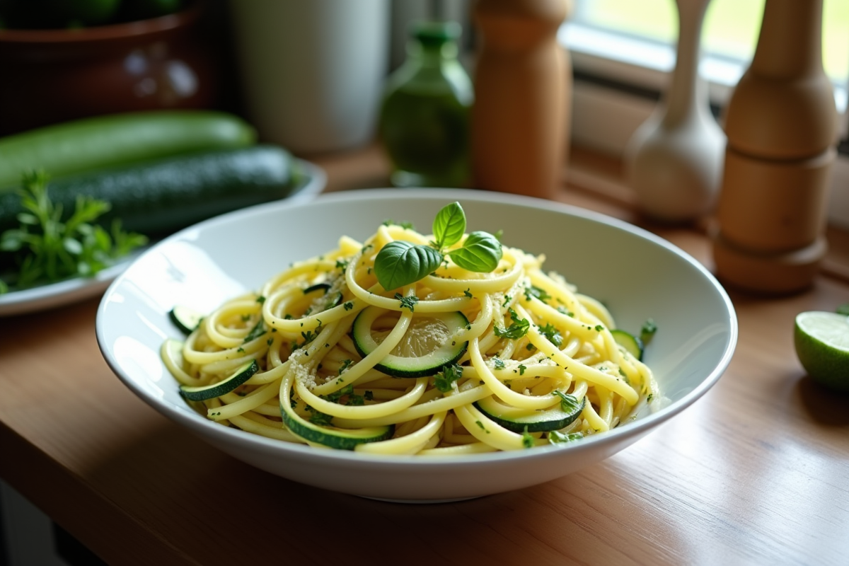 Bol de tagliatelle de courgette avec huile et herbes