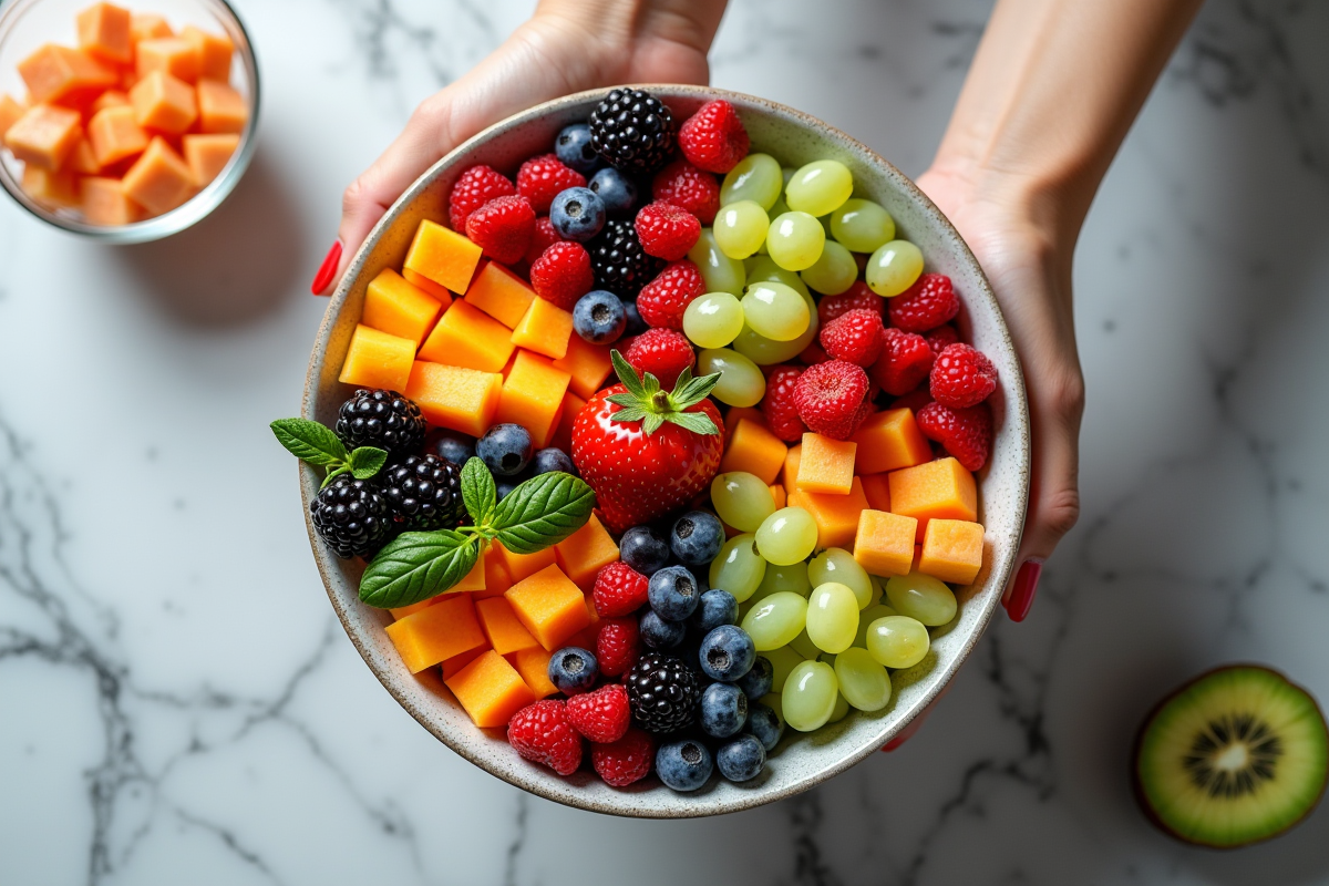Salade de fruits B colorée avec mains ajoutant des baies