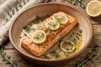 Cuir de saumon au four avec marinade citron et herbes fraîches dans un plat en céramique rustique
