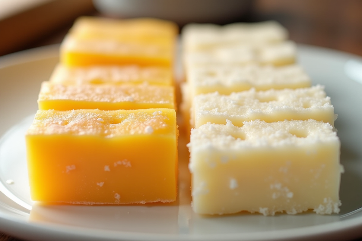 Gros plan sur des morceaux de fromages congelés et frais côte à côte