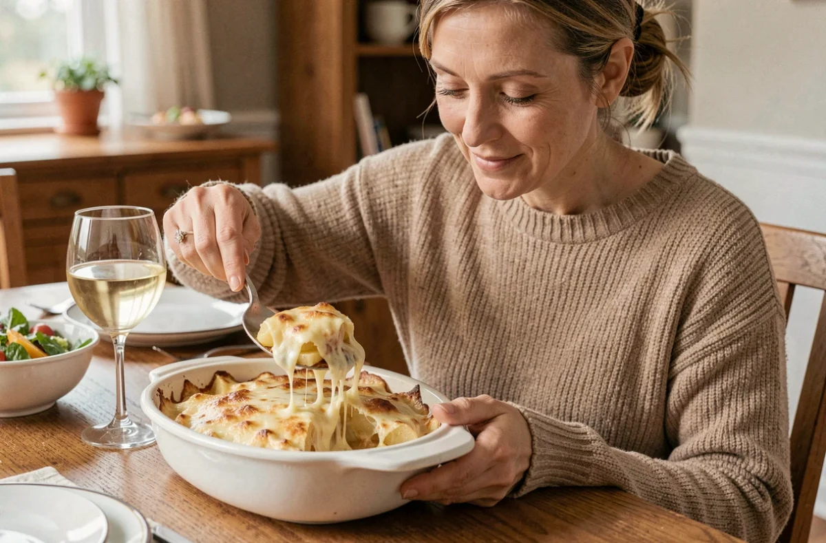 Femme servant un gratin de pommes de terre au fromage et à la crème lors d'un repas en famille chaleureux