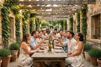 Terrasse animée de la Guinguette de la Ferme lors d'une soirée estivale avec des convives attablés