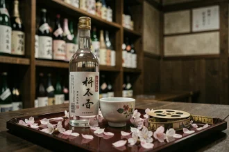 Bouteille de soju premium sur plateau laqué japonais avec pétales de cerisier et bobine de film vintage dans un izakaya traditionnel