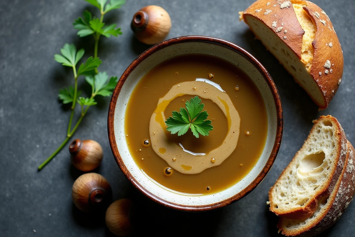 Bol de soupe rustique aux champignons Charbonnier avec pain au levain et persil sur surface en ardoise