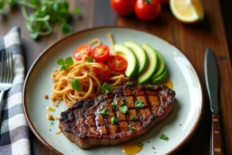Steak California façon bistro servi sur assiette céramique avec avocat, tomates rôties et sauce aux herbes, vue de dessus