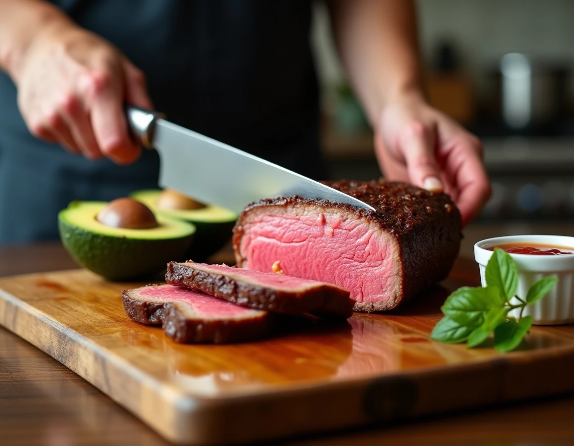 Coupe d'un steak California juteux à la cuisson rosée sur planche en bois avec avocat et sauce California maison