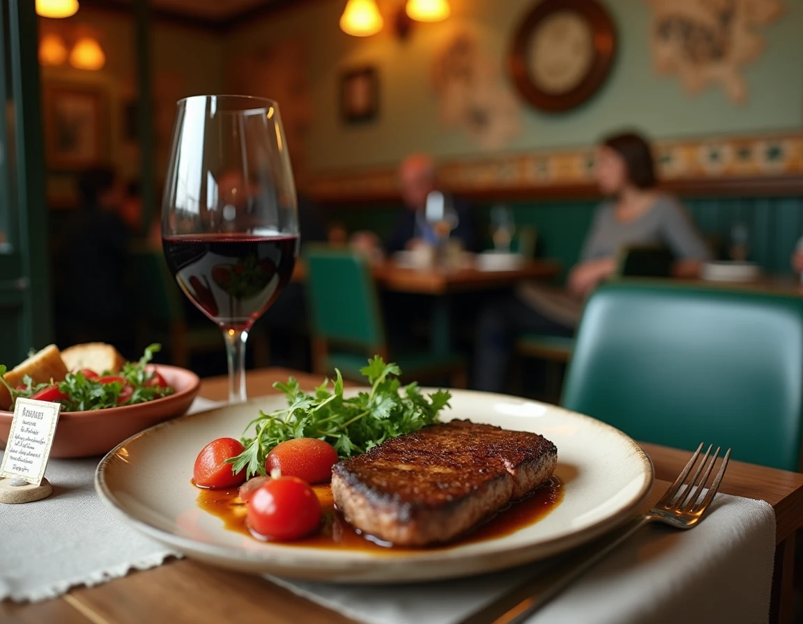 Table de bistro française avec steak California, verre de vin rouge, salade et pain rustique dans une ambiance de restaurant authentique
