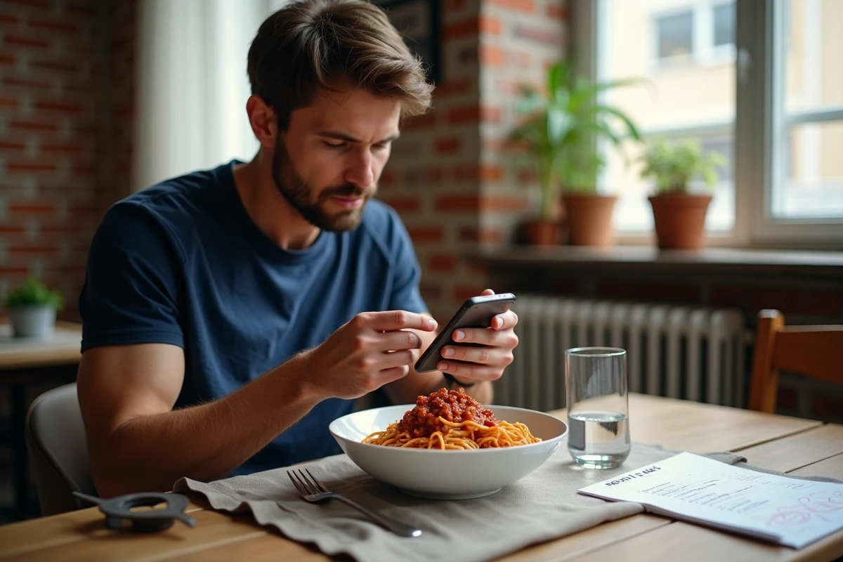 Homme consultant une application de suivi nutritionnel en mangeant des spaghettis bolognese pour gérer ses besoins caloriques journaliers