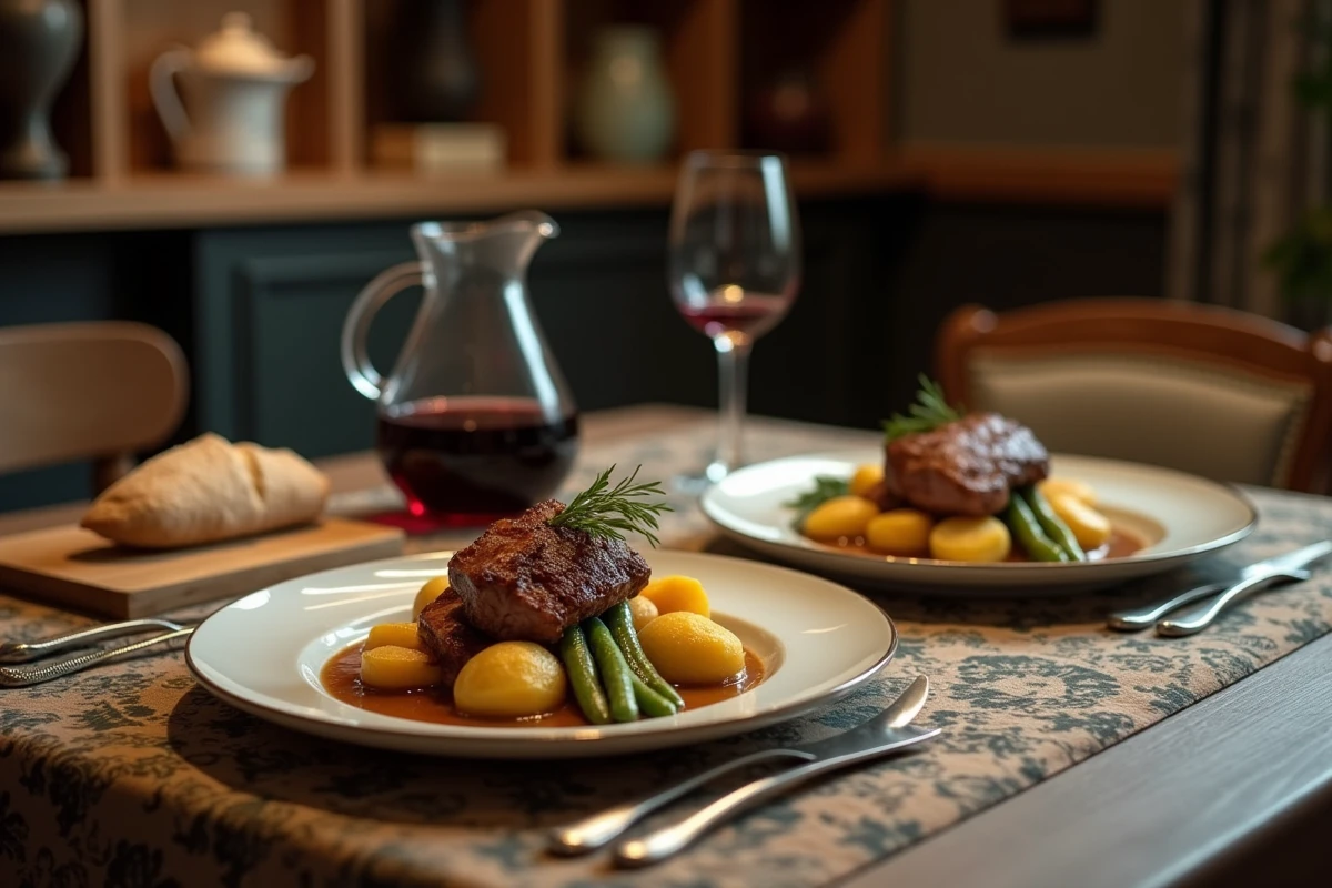 Table dressée pour deux avec confit de canard, pommes de terre sarladaises et haricots verts dans un appartement parisien