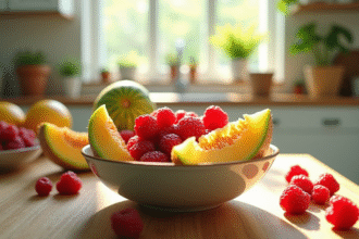 Table de cuisine avec melons et fruits frais lumineux